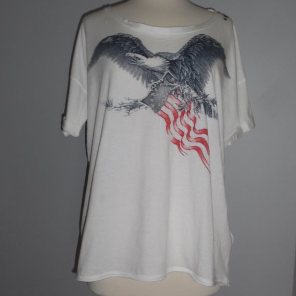 Replay Maestro American Flag Eagle Star Cotton Oversized Embroidered T-shirt Top - Picture 3 of 13